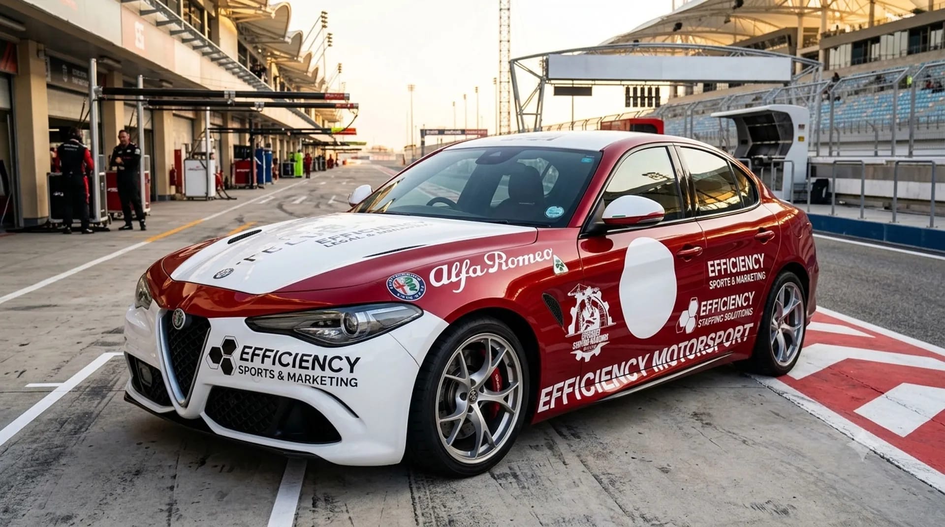 A red and white Alfa Romeo sedan with Efficiency Sports & Marketing branding parked in a racetrack pit lane during sunset.